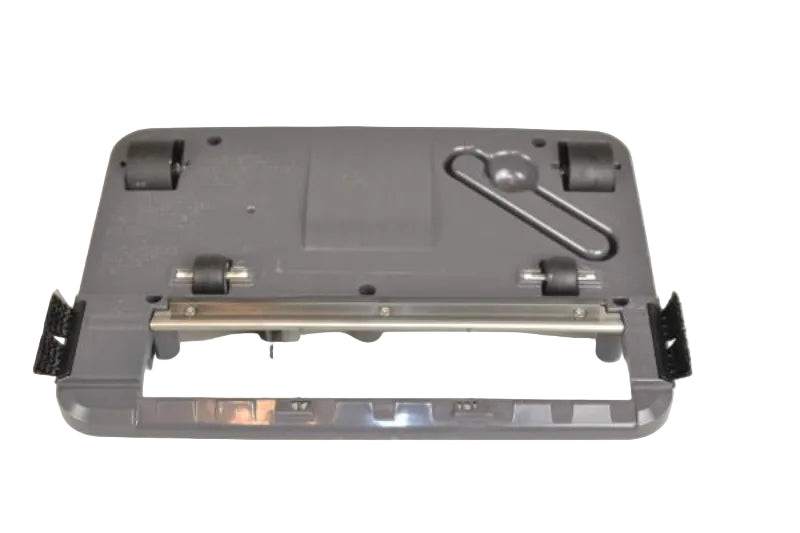 A gray plastic replacement base plate or tray with black rubber feet, a metal guide bar, and a small silver hanging loop, photographed on a plain light background.