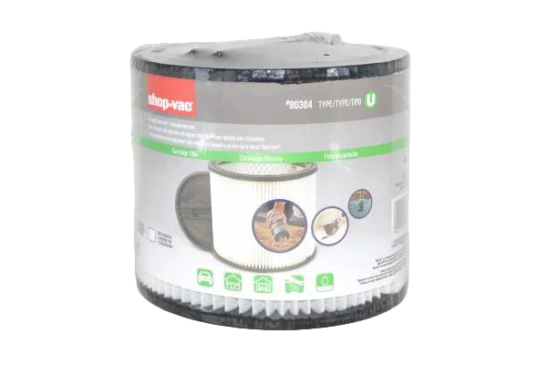 Shop-Vac U filter cartridge in its original retail packaging, featuring a white, gray, and green label with product details and a depiction of the filter inside.
