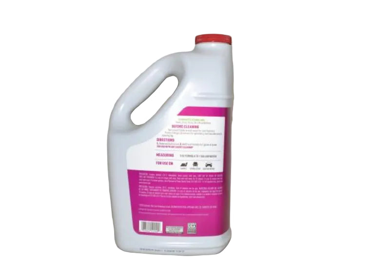 A white plastic bottle of horse cleaning liquid with a red cap and a pink and white label, shown from the back against a neutral beige background.