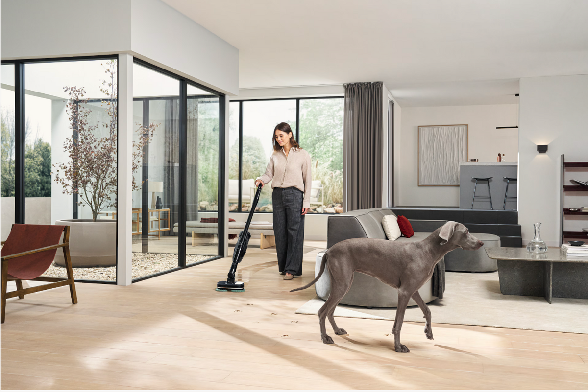A woman vacuums a light wood floor in a modern living room while a gray dog walks nearby. The room features large glass walls, a gray sectional sofa, and a minimalist coffee table.