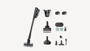 A cordless stick vacuum cleaner with multiple attachments and accessories arranged neatly on a light gray background.