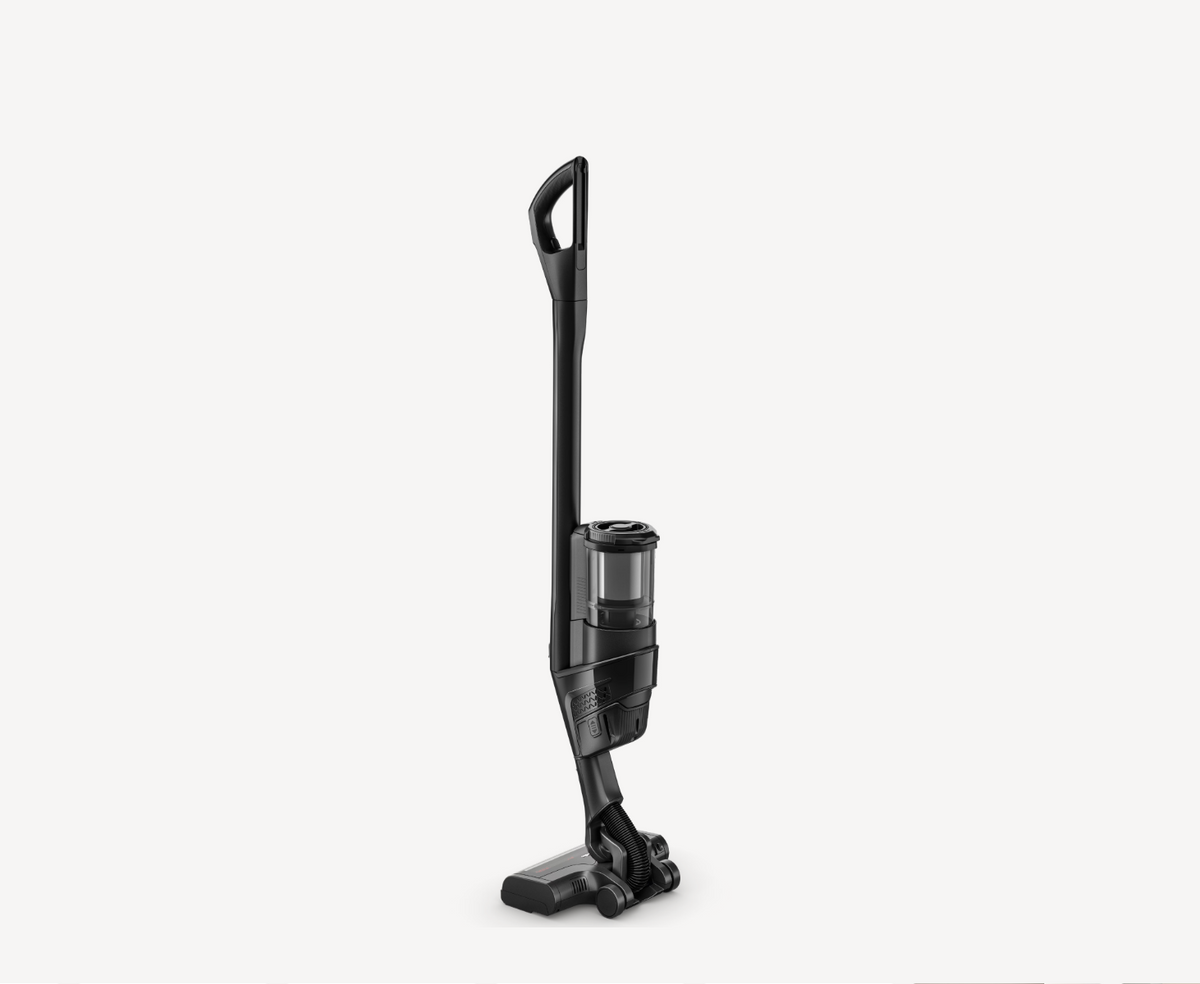 A cordless stick vacuum cleaner in black, shown from a side profile view against a clean, light gray background.