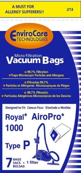 Royal Type P RY1000 Canister Vacuum Bags 7pk + 1 filter, Part 213
