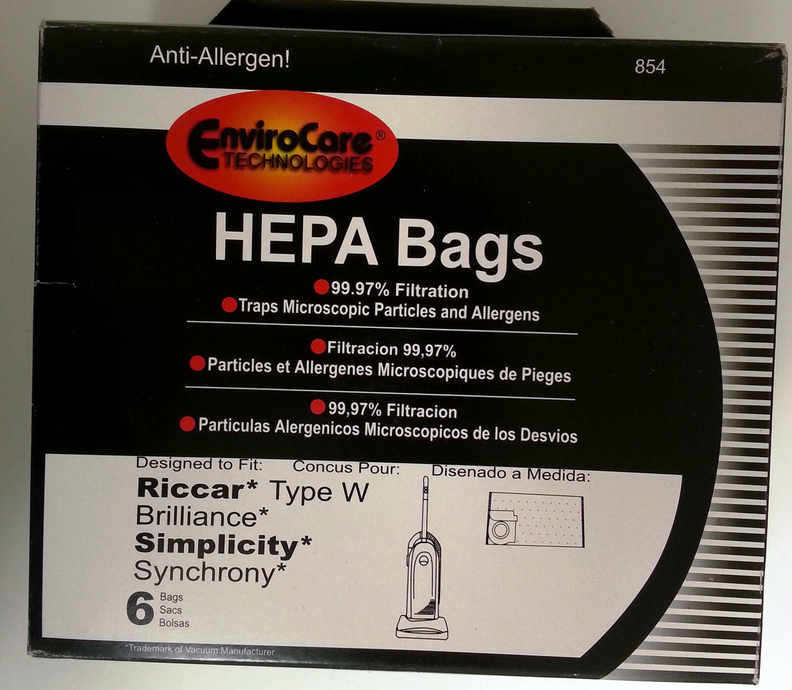 6 bolsas de vacío para Riccar tipo W para Brilliance, Simplicity, Synchrony Pieza genérica 854