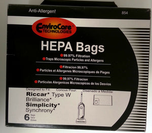 6 bolsas de vacío para Riccar tipo W para Brilliance, Simplicity, Synchrony Pieza genérica 854