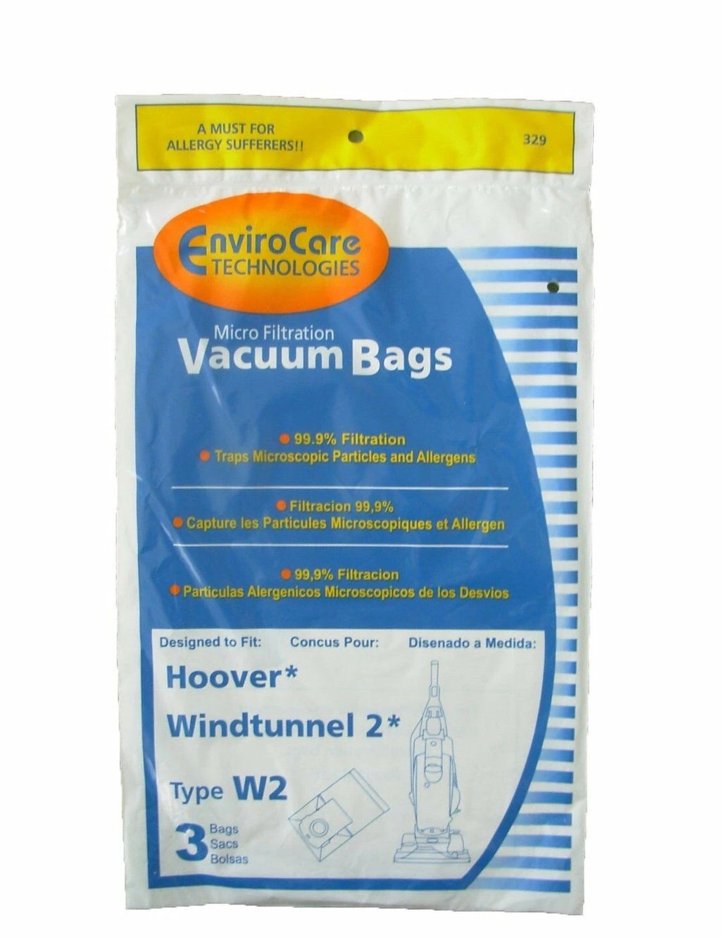 3 Vacuum Bags, Hoover Type W2 Windtunnel 401080W2, Part 329