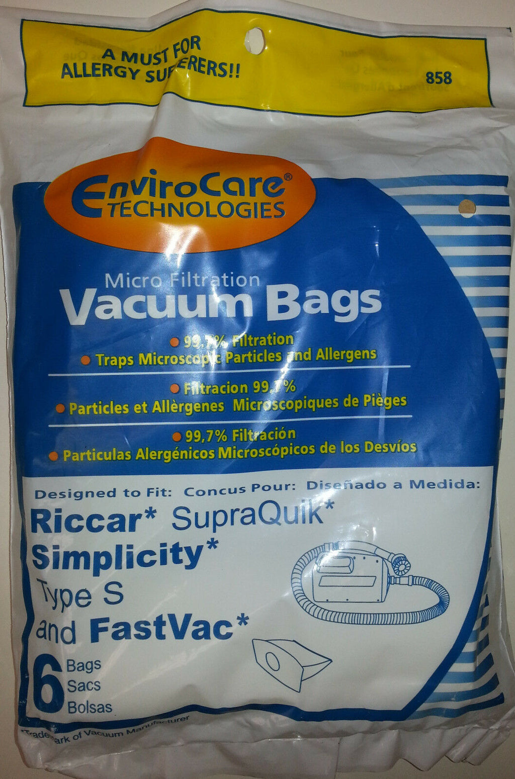 6 Vacuum Bags for Riccar, Simplicity, Fastvac Type S for Canisters. Part 858