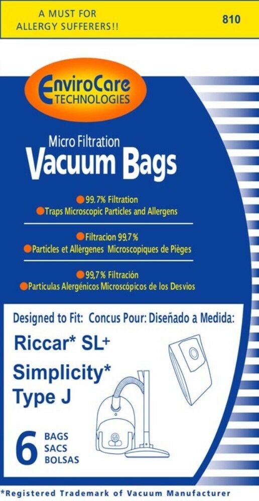 6pk, Vacuum Bags for Riccar Type J, Simplicity S12L, Generic Part 810