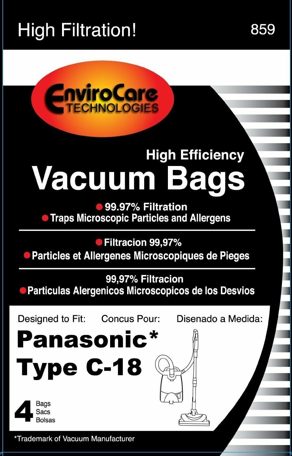 4Pk, Vacuum Paper Bags for Panasonic Type C18 Synthetic CG885, Generic Part 859