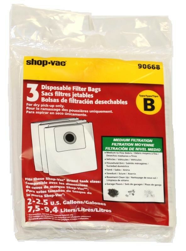 Shop Vac Type B Paper Bags, All Around QAM70 3 Pk Part 9066800