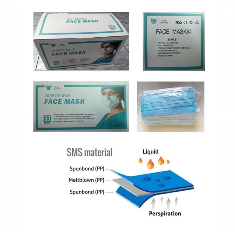 Disposable Face Masks, 3 Ply w/ Earloop 50 per pack
