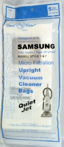Bissell Style 1 & 7 Upright Vacuum Cleaner Bags, Dust Care Replacement Brand Bags, designed to fit Samsung 5000-7000 Series Type VP-U100F Quiet Jet and Bissell Style 1 & 7 Upright Vacuum Cleaners, 99.7 Microfiltration, 5 bags in pack
