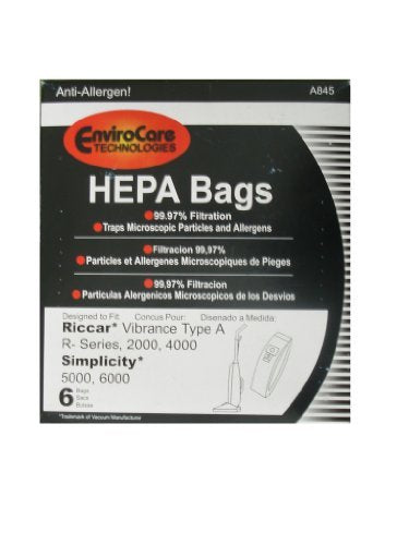 Riccar Vibrance Simplicity 5000, 6000 - Bolsas HEPA tipo A, paquete de 6, para aspiradoras comerciales, S6-3, S6-12, C13-6, C13H-6, pieza genérica A845