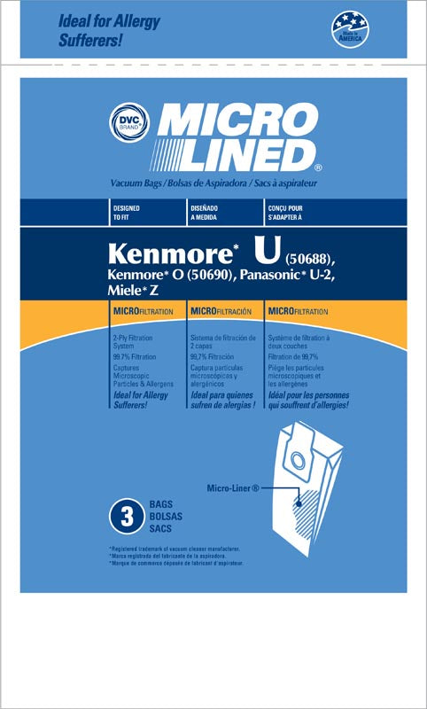Kenmore, Panasonic Style U Vacuum Bags, Kenmore 50688 Microlined 3Pk Part 437654