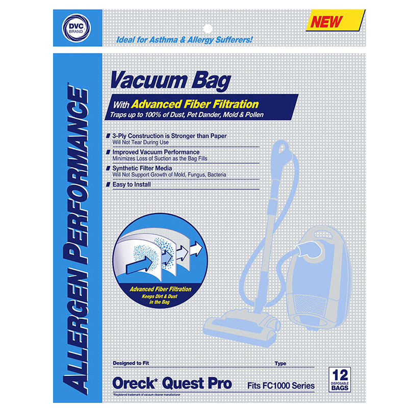 Paquete de 12 bolsas de papel para Oreck Quest Pro Synthetic Part 471611