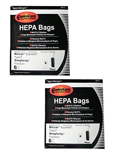 Riccar HEPA Type F Vacuum Bags for Simplicity, Freedom, Supralite, Canister Vacuum Cleaners, Replaces RSLH-6, Generic Part A812