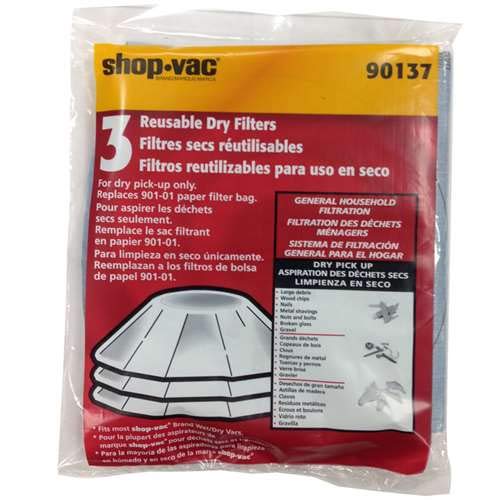 Shop-Vac Filter, Flat Dry Pickup Only W/O Ring Type T, 3Pk, Part 9013700, 901-3700