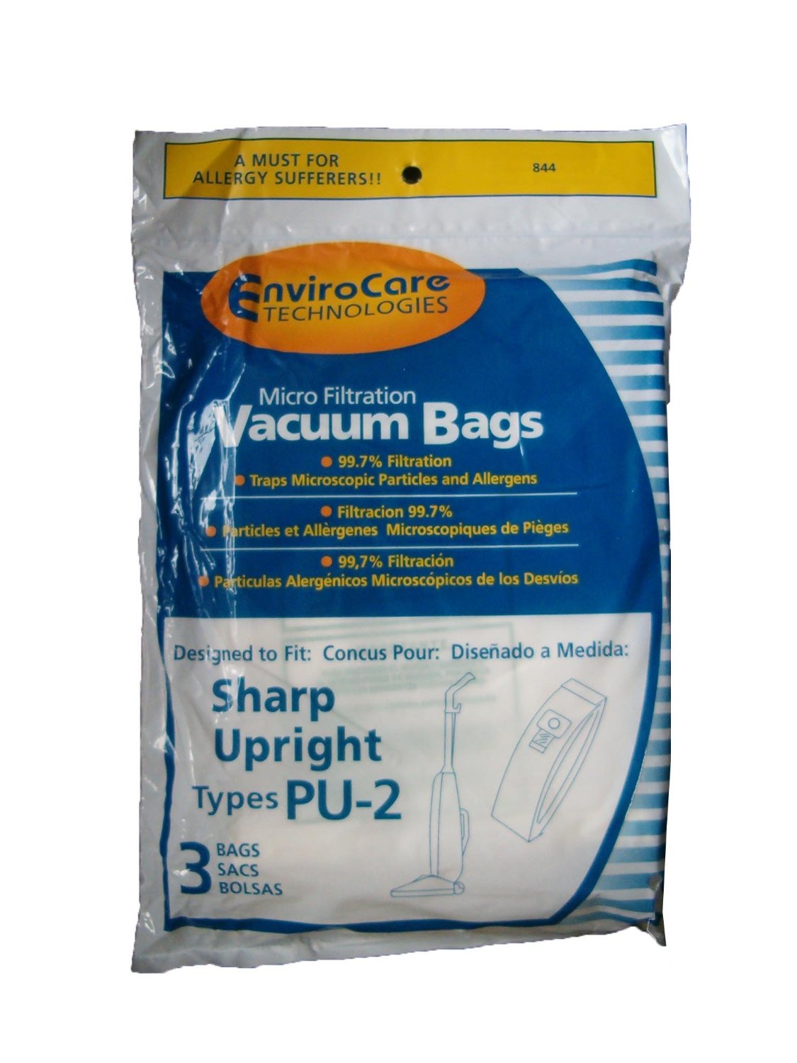 Sharp Vacuum Paper Bags, Sharp Type PU2 Micro w/ Closure 3/pk Generic Part 844, 844-9