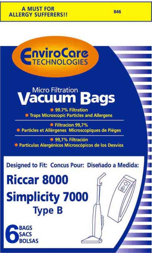 Riccar, Bolsas de papel para vacío Simplicity tipo B, Riccar 8000/8900/Sim 7000, pieza genérica 846, 846-12