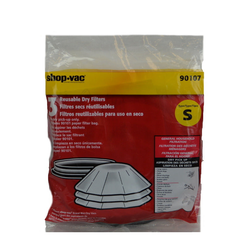 Shop Vac Type S 3 Filters + 1 Ring, Genuine Reusable Dry Filters, 3-Count, Part 9010700, 9010733