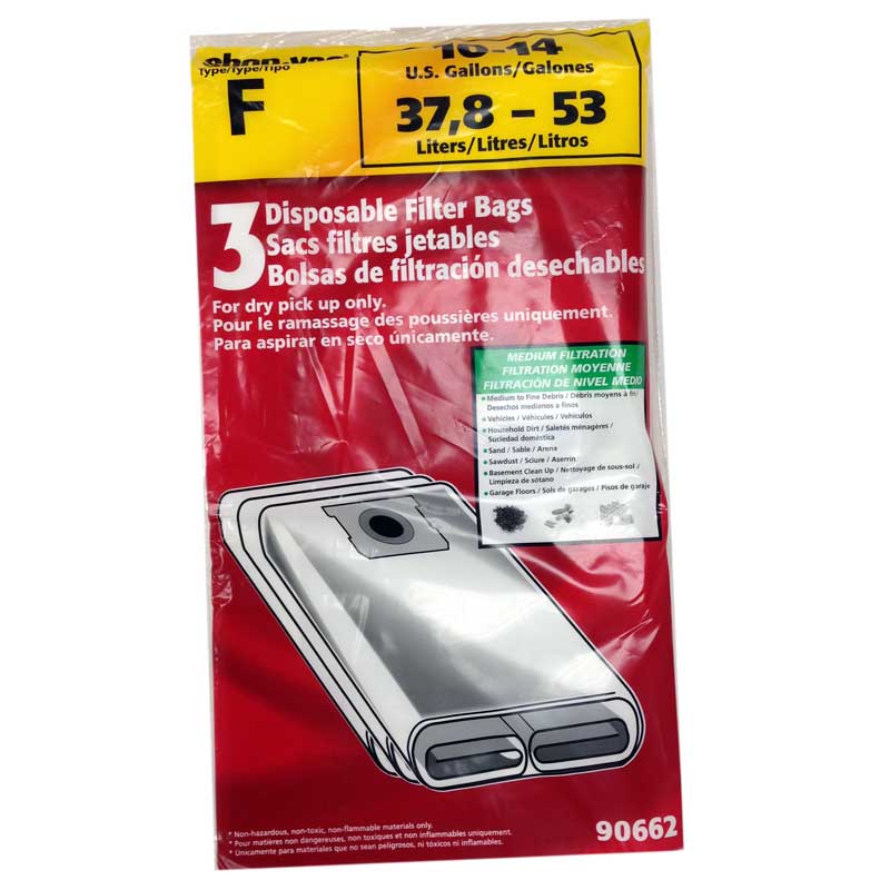 Shop Vac Type F Vacuum Paper Bags, Catch Bag 10-14 Gallon 3 Pk Part 9066200