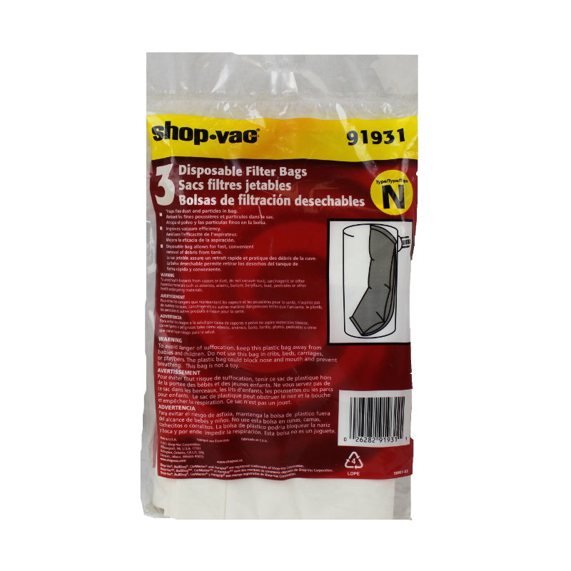 Shop Vac Paper Bags, Hangup QSH30/39420 Vacmaster VQ407S 3Pk Part 9193100