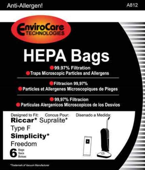 Riccar HEPA Type F Vacuum Bags for Simplicity, Freedom, Supralite, Canister Vacuum Cleaners, Replaces RSLH-6, Generic Part A812