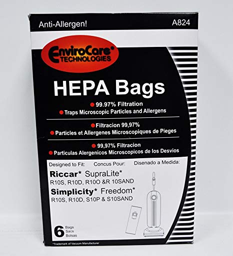 Riccar Vacuum Paper Bags, Ric Supralite/Freedom R10, S10 6 vacuum bags, Generic Part A824