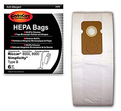 Bolsas para aspiradoras HEPA tipo B de Riccar para las series 8000 y 8900, paquete de 6. Pieza A846
