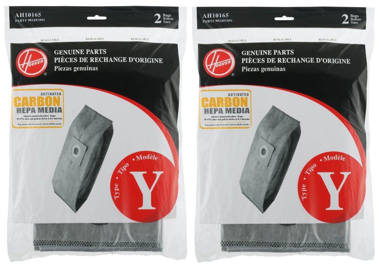 Hoover Type Y Carbon Activated HEPA Bags, 2 bags per pack OEM Part AH10165
