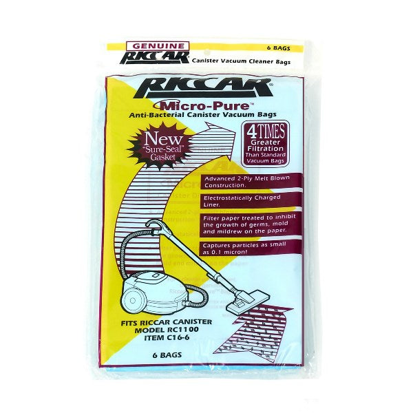 Bolsas de papel para vacío Riccar Canister para RC-1100, paquete de 6, pieza C16-6