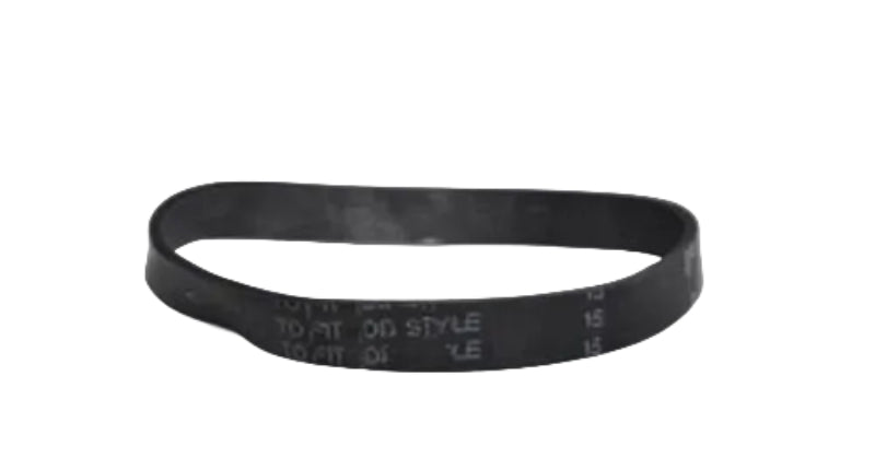 A black rubber drive belt with white printed sizing and fit instructions, photographed on a neutral light gray background.