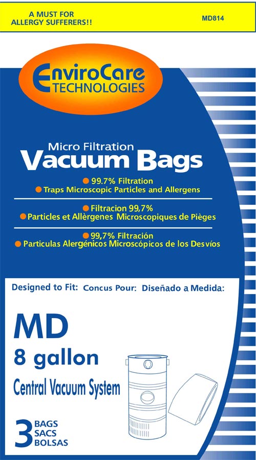Modern Day Central Vac Paper Bag, MD 8 Gal Elastic Top Microlined 3Pk, Part MD814